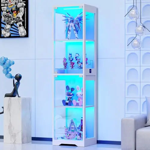Curio Cabinet, 4-Tier Shelves, 3 Color LED Lights, with Door