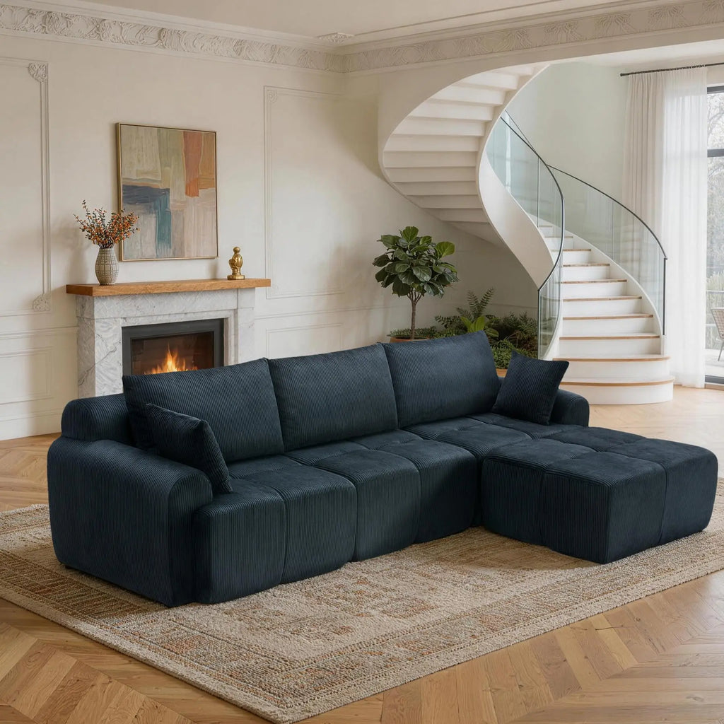 118'' Corduroy Modular Sofa, Deep Seat Compression Couch With Memory Foam