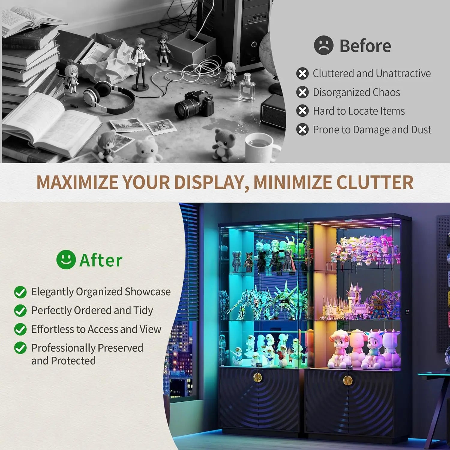 71'' Display Cabinet with Glass Doors,4-Tier Curio Cabinet with 3-Color Lights for Collectibles,Lockable Glass Display, Custom