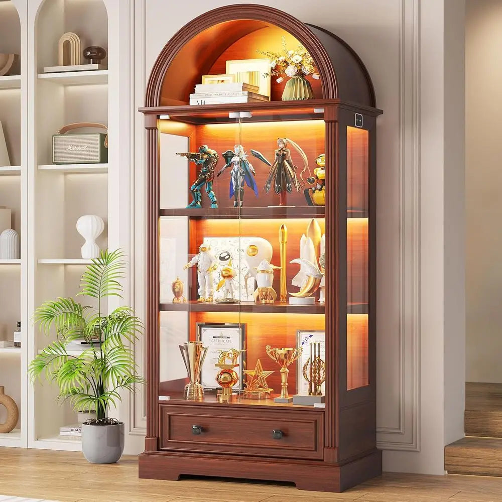 72" Tall Arched Display Cabinet, Human Sensor Lights, 4-Tier Large Shelves