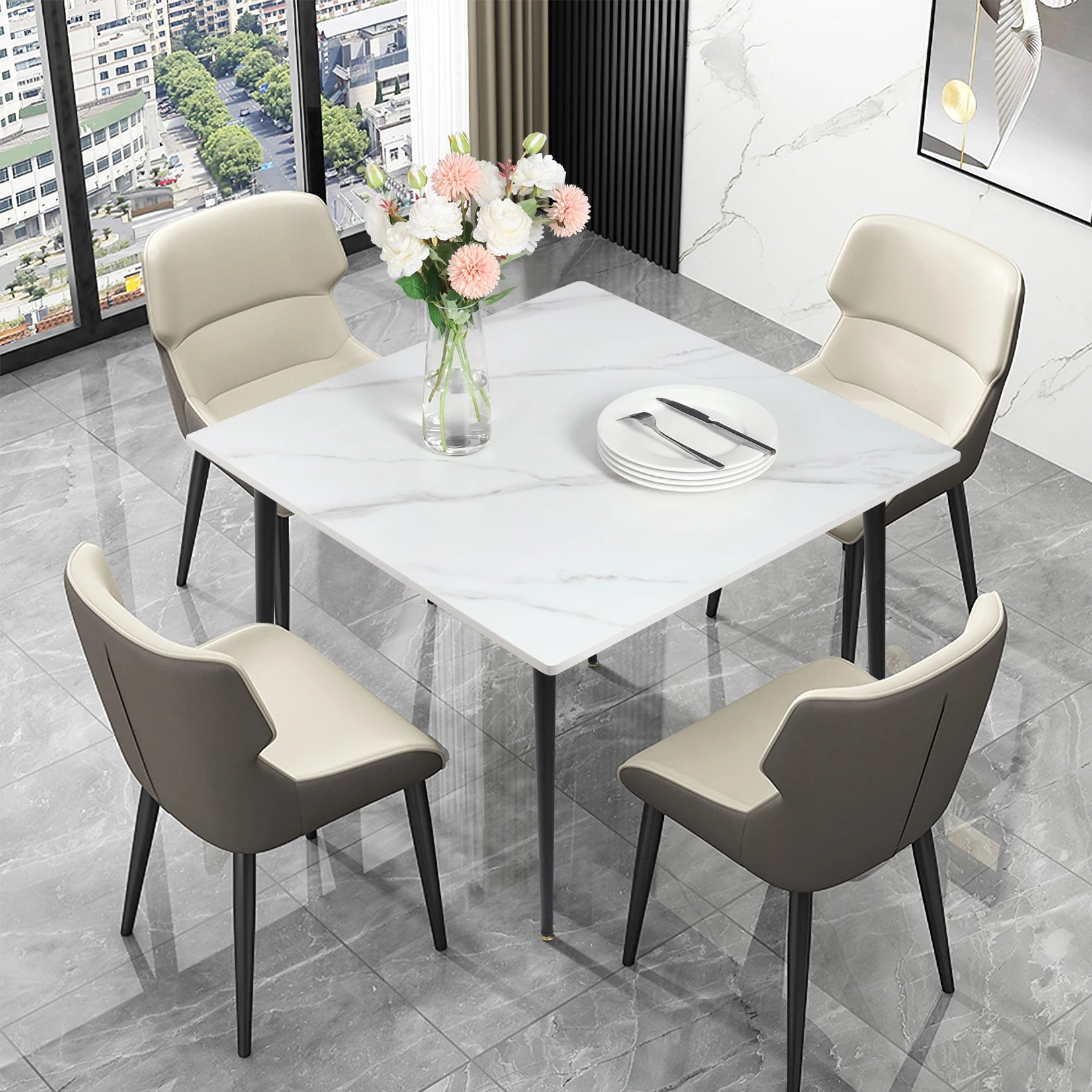 Mid-Century Stone and Marble Dining Table with Metal Legs for 4 People