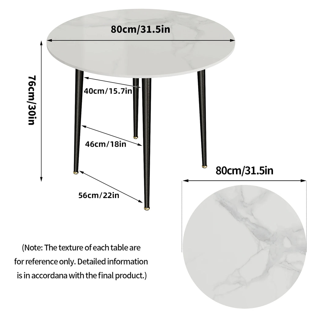 32" Round Sintered Marble/Stone Dining Table with Black Metal Legs for 2-4 People