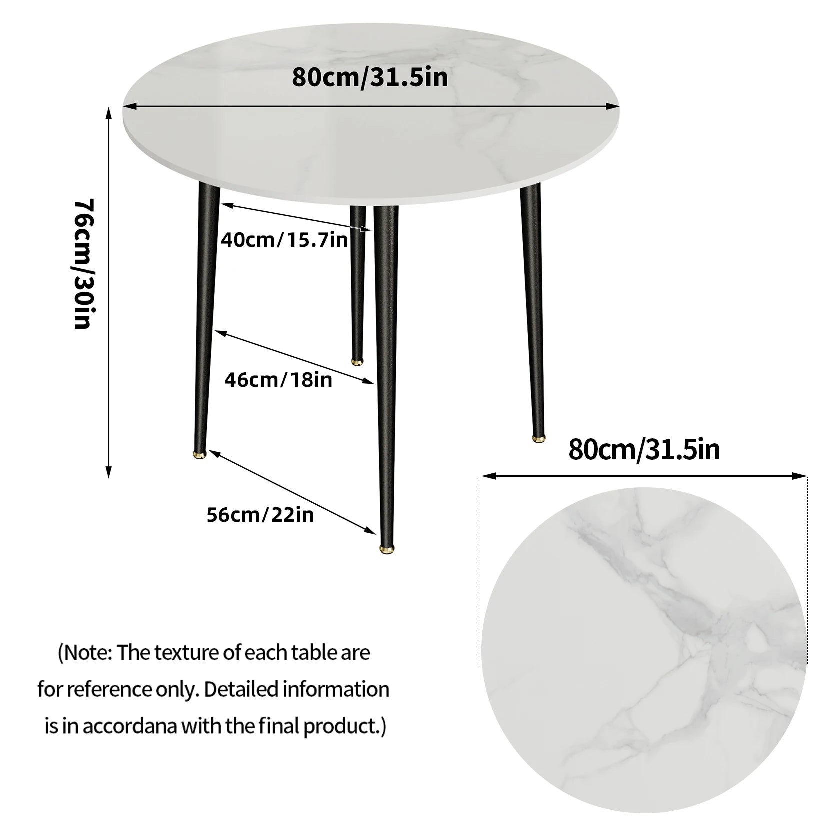 32" Round Sintered Marble/Stone Dining Table with Black Metal Legs for 2-4 People