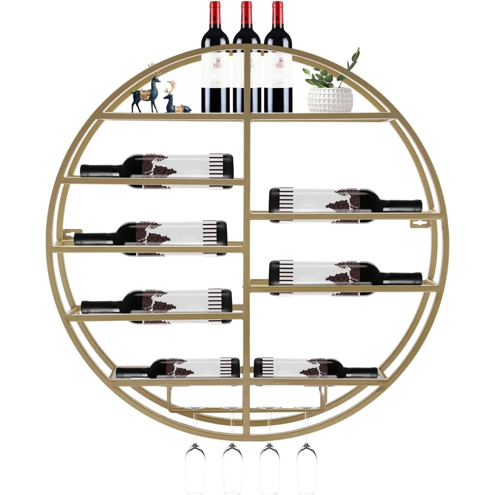BYMAOCAR Gold Wall Mount Wine Display Rack with Stemware Holders and 10 Wine Bottles Storage