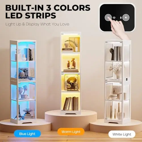 Curio Cabinet, 4-Tier Shelves, 3 Color LED Lights, with Door
