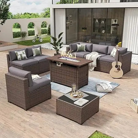 8 Piece Wicker Ratton Outdoor Sectional Patio Furniture Set with 44” Fire Pit Table