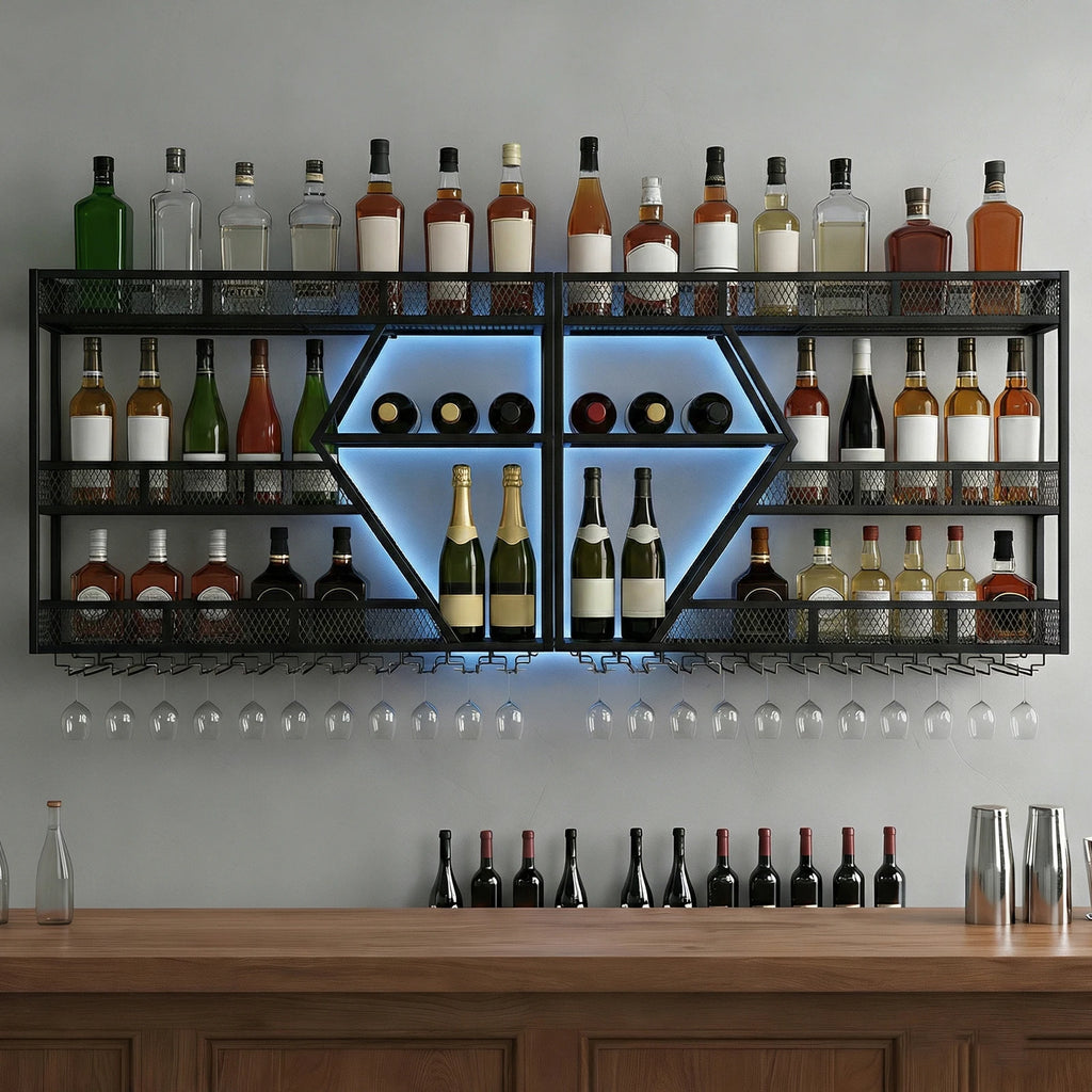 3/4 Tier Wall Mounted Wine Storage Display with Glass Holder