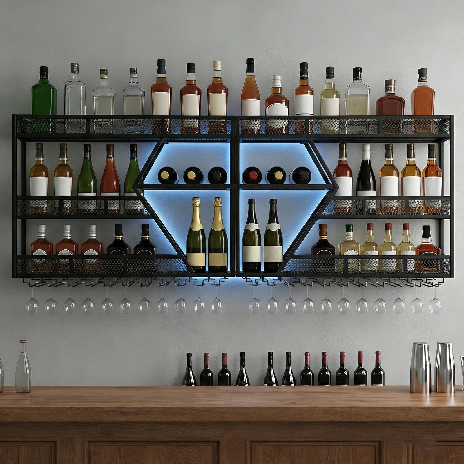 3/4 Tier Wall Mounted Wine Storage Display with Glass Holder