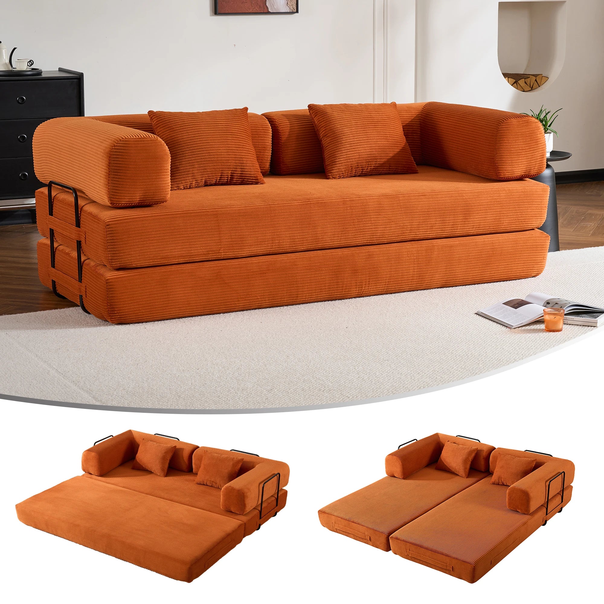 79" Corduroy Convertible Sleeper Couch with High Rebound Foam Folding Sofa Bed, Orange