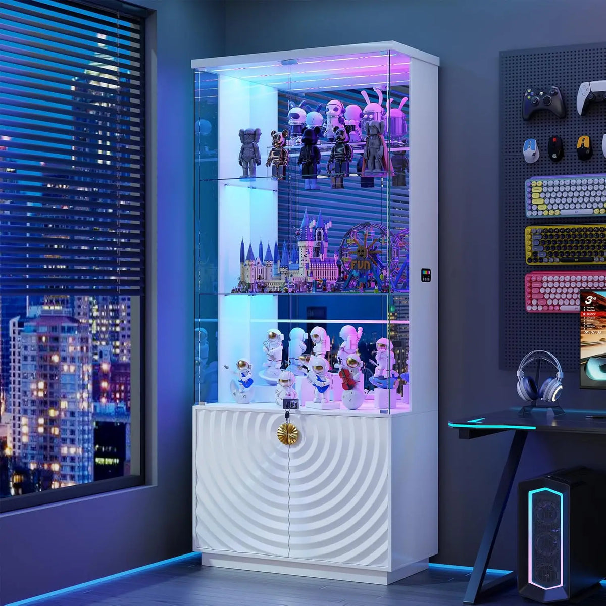 71'' Display Cabinet with Glass Doors,4-Tier Curio Cabinet with 3-Color Lights for Collectibles,Lockable Glass Display, Custom