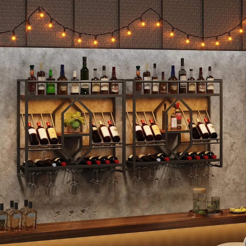 Wall Mount 3-Tier Wine Rack with Stemware Holder, Remote LED Lights