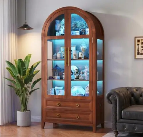 71" Curio Cabinet 4 Tier Shelving with LED Lights, Glass Doors and Drawers