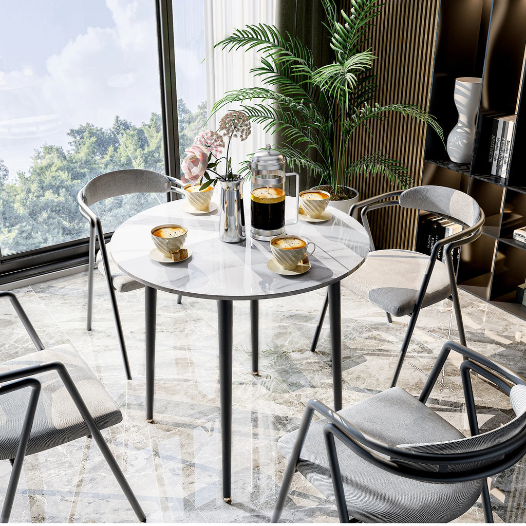 32" Round Sintered Marble/Stone Dining Table with Black Metal Legs for 2-4 People