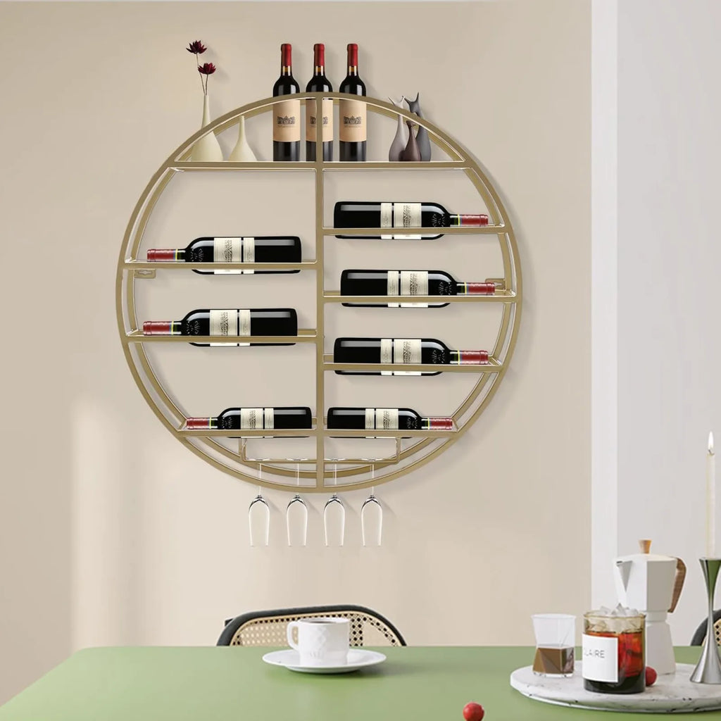 BYMAOCAR Gold Wall Mount Wine Display Rack with Stemware Holders and 10 Wine Bottles Storage