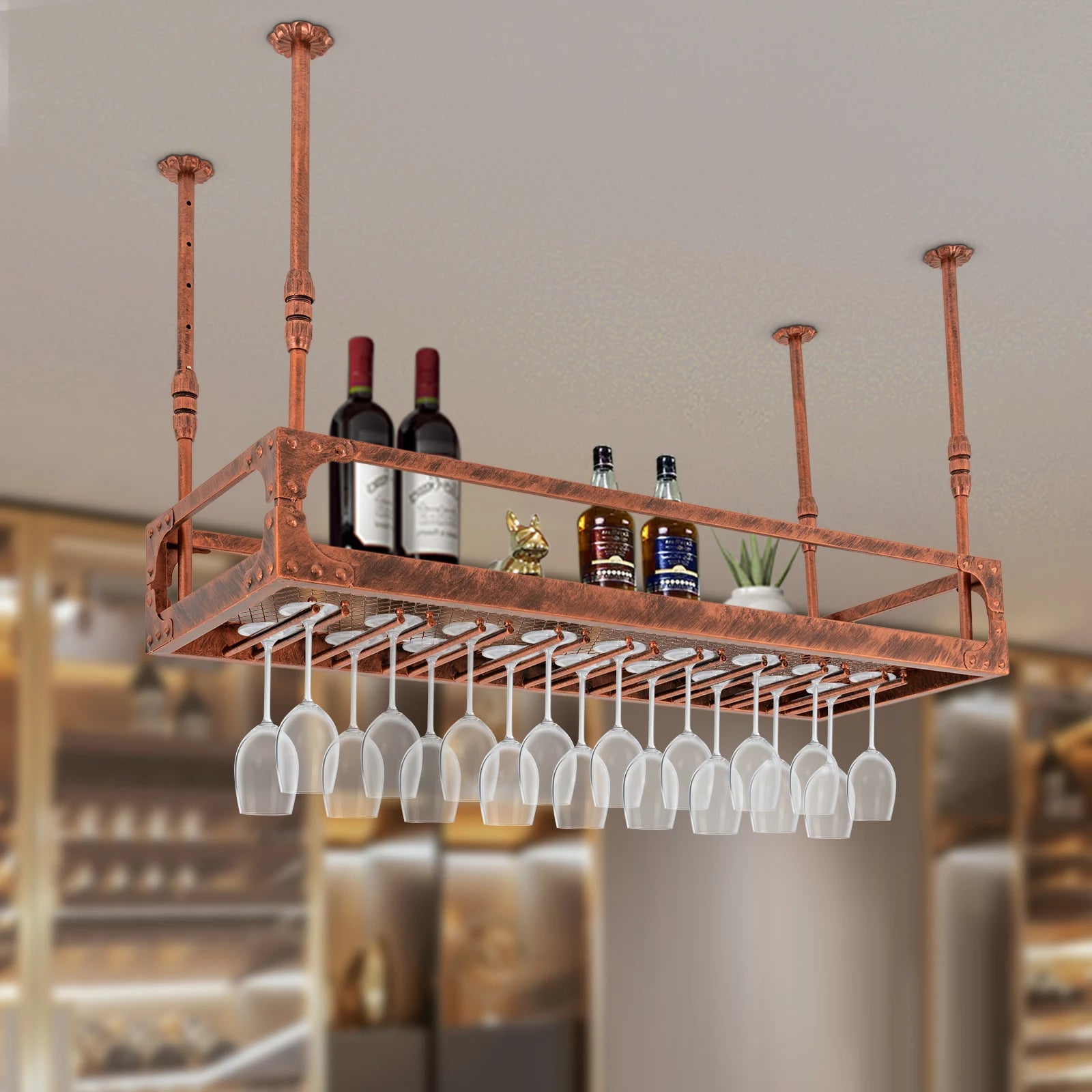 Ceiling Mount Iron Wine Rack with Stemware Holder