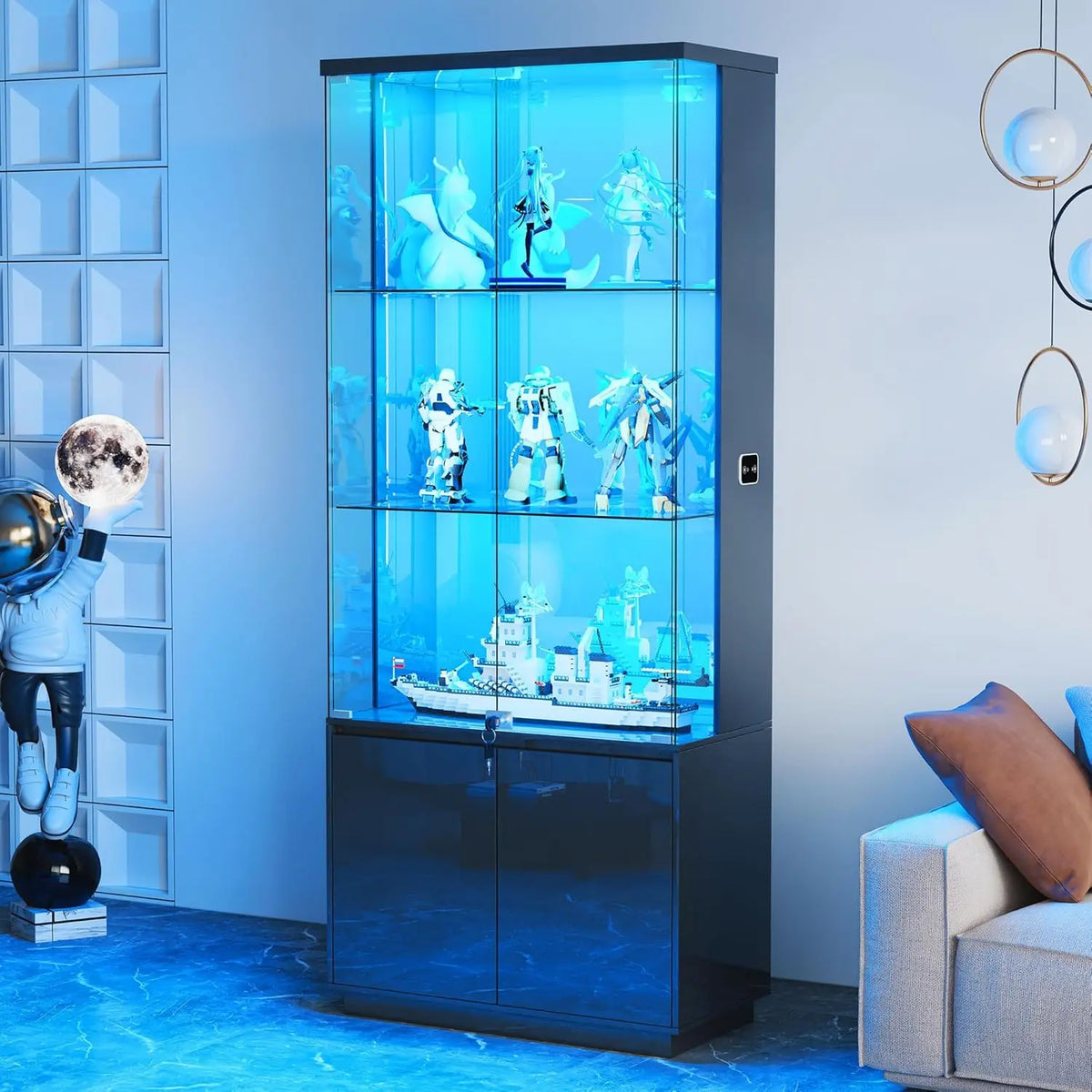 71'' Display Cabinet with Glass Doors,4-Tier Curio Cabinet with 3-Color Lights for Collectibles,Lockable Glass Display, Custom
