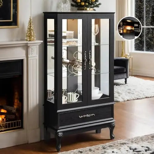 52" Lighted Accent Curio Cabinet, 3-Tier Antique Storage Cabinet with Tempered Glass Adjustable Shelves & Drawer