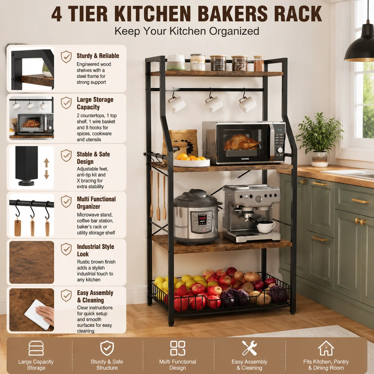 4 Tier Kitchen Bakers Rack, Microwave Stand, and Storage Shelf with Wire Basket 8 Hooks