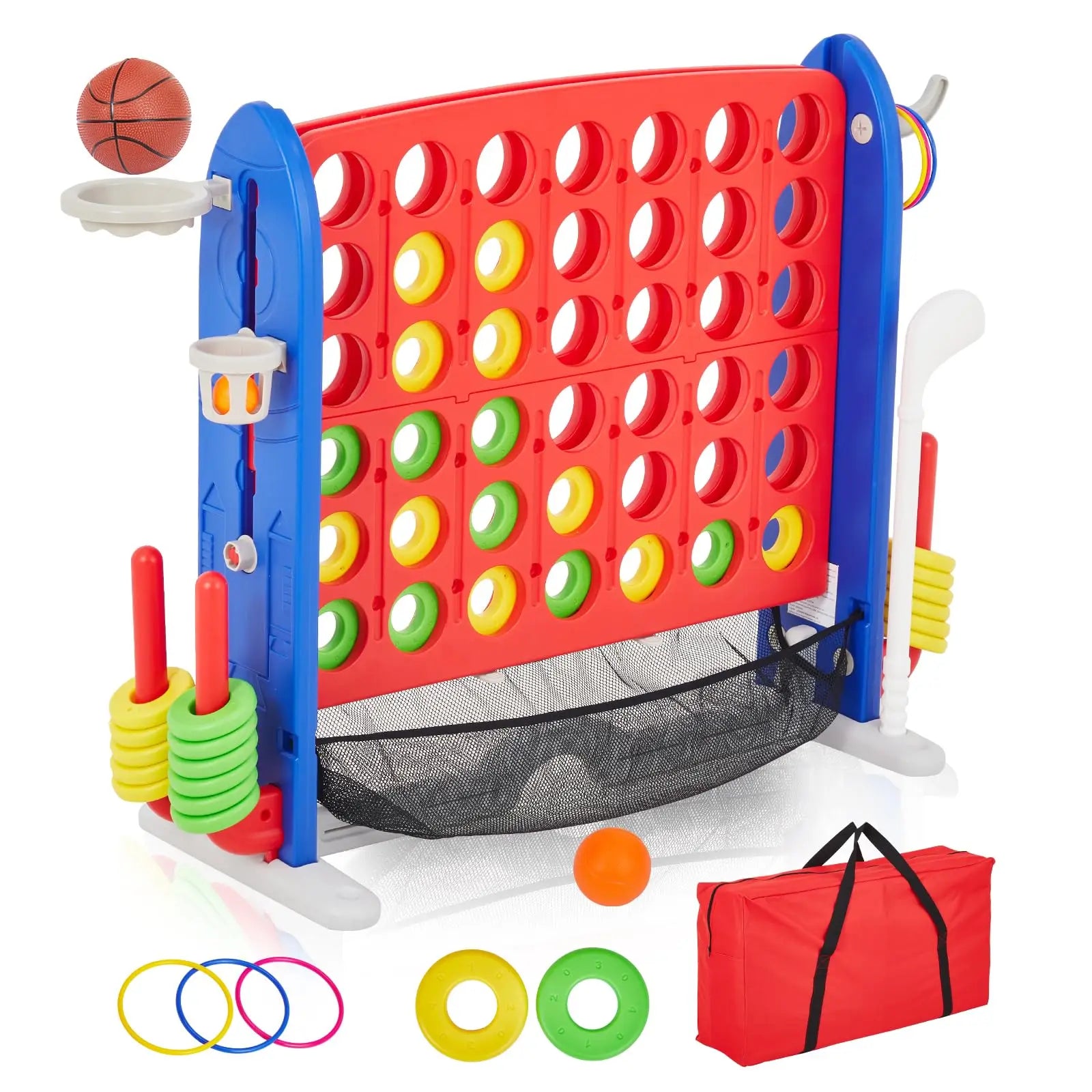 Adjustable Height Giant 4-in-1 Jumbo Connect Four with Basketball, Ring Toss, and Golf with Red Storage Bag