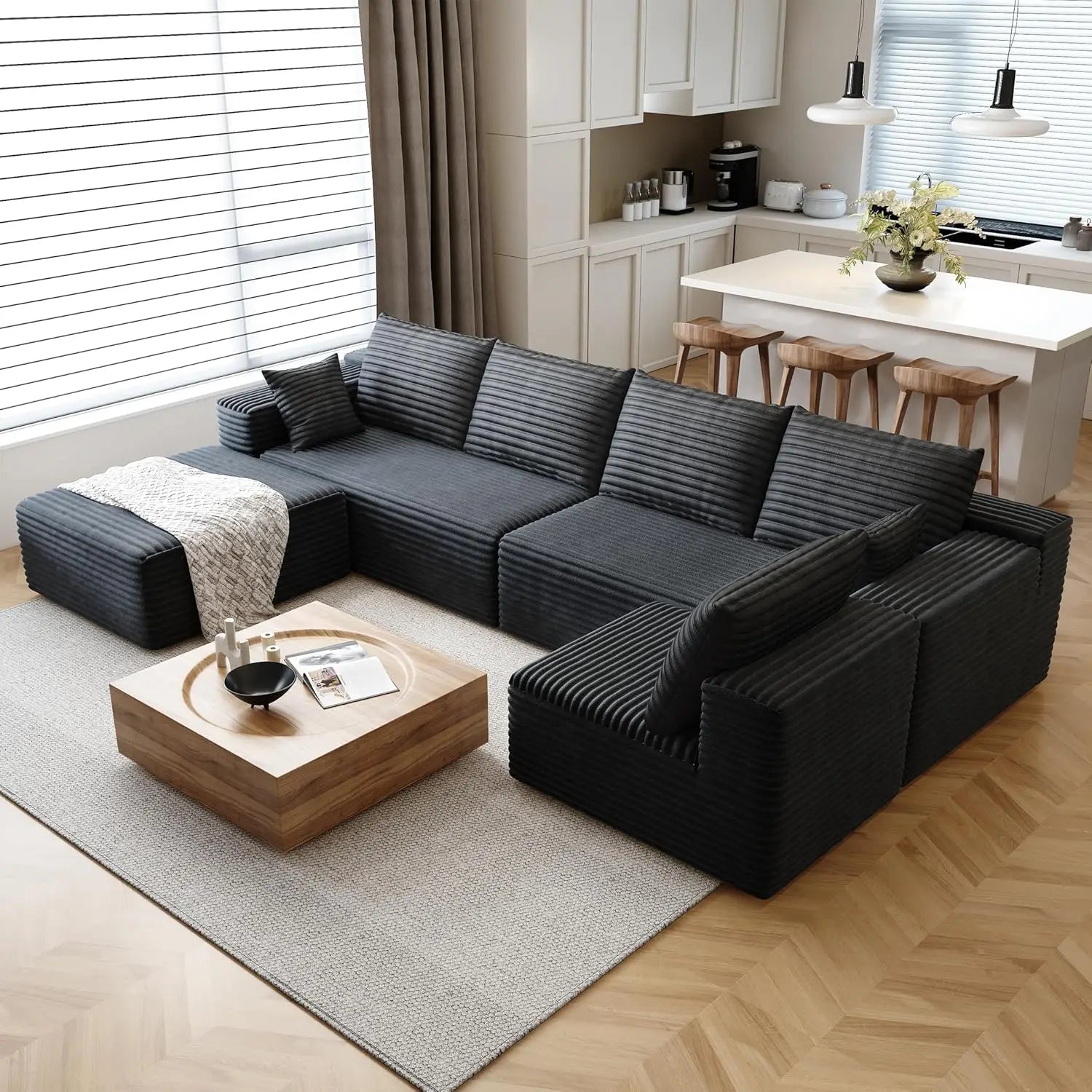 Plush Corduroy U-Shaped Sectional Sofa