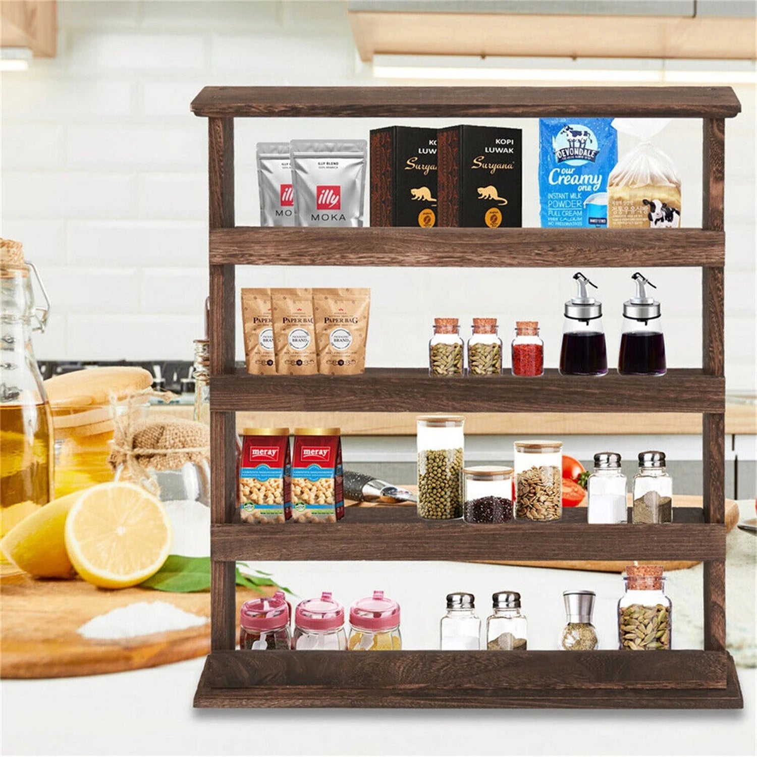 Rustic Torched Wood Wall Mounted 4-Tier Spice Rack