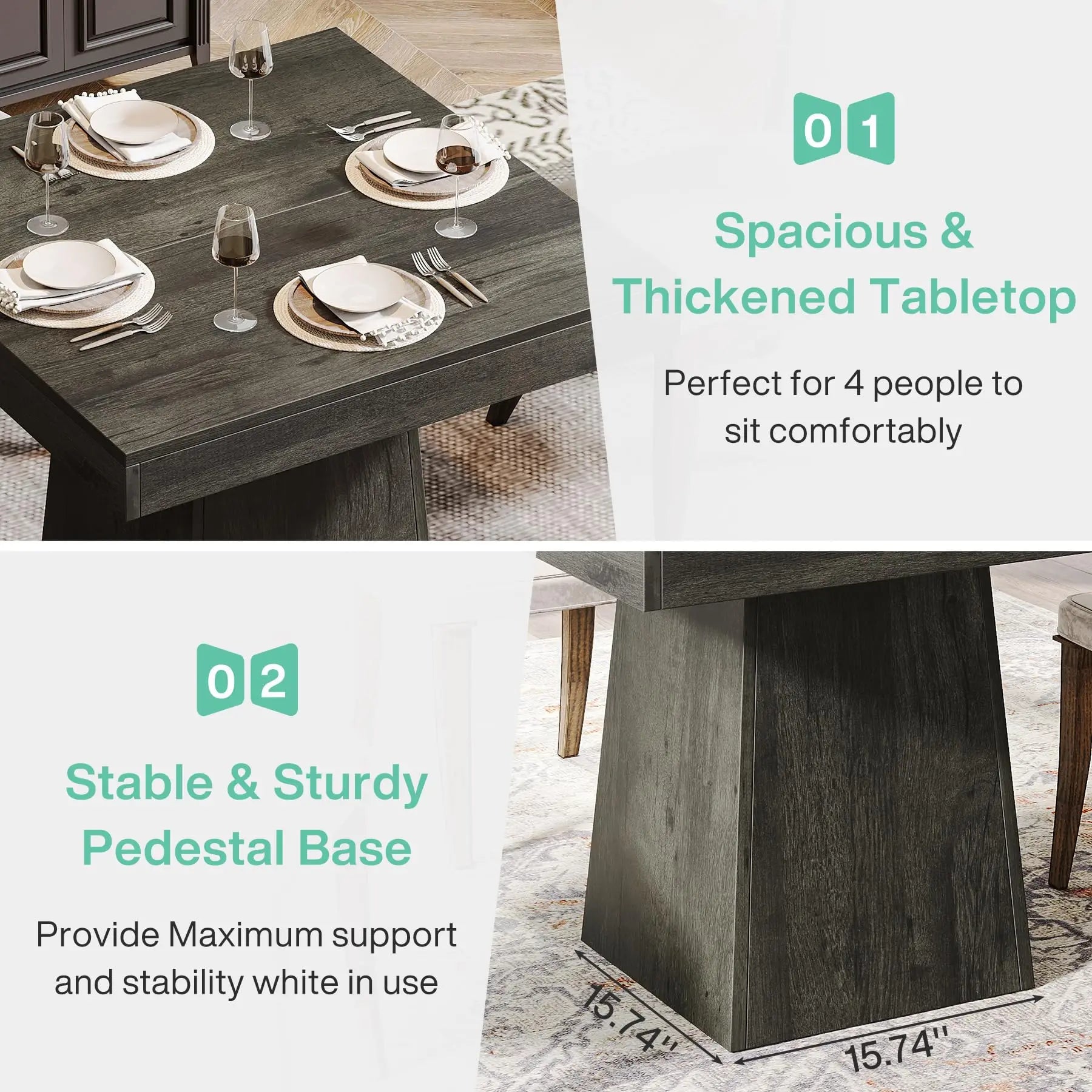 Tribesigns Square Dining Table for 4 with Sturdy Pedestal Base