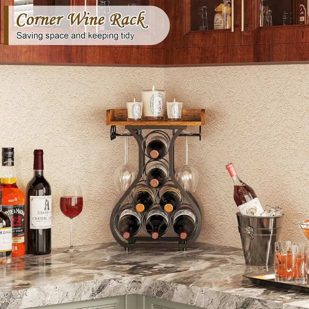 Rustic Wood Top 7 Bottles Wine Rack with Tabletop Surface 4 Glass Holder Storage