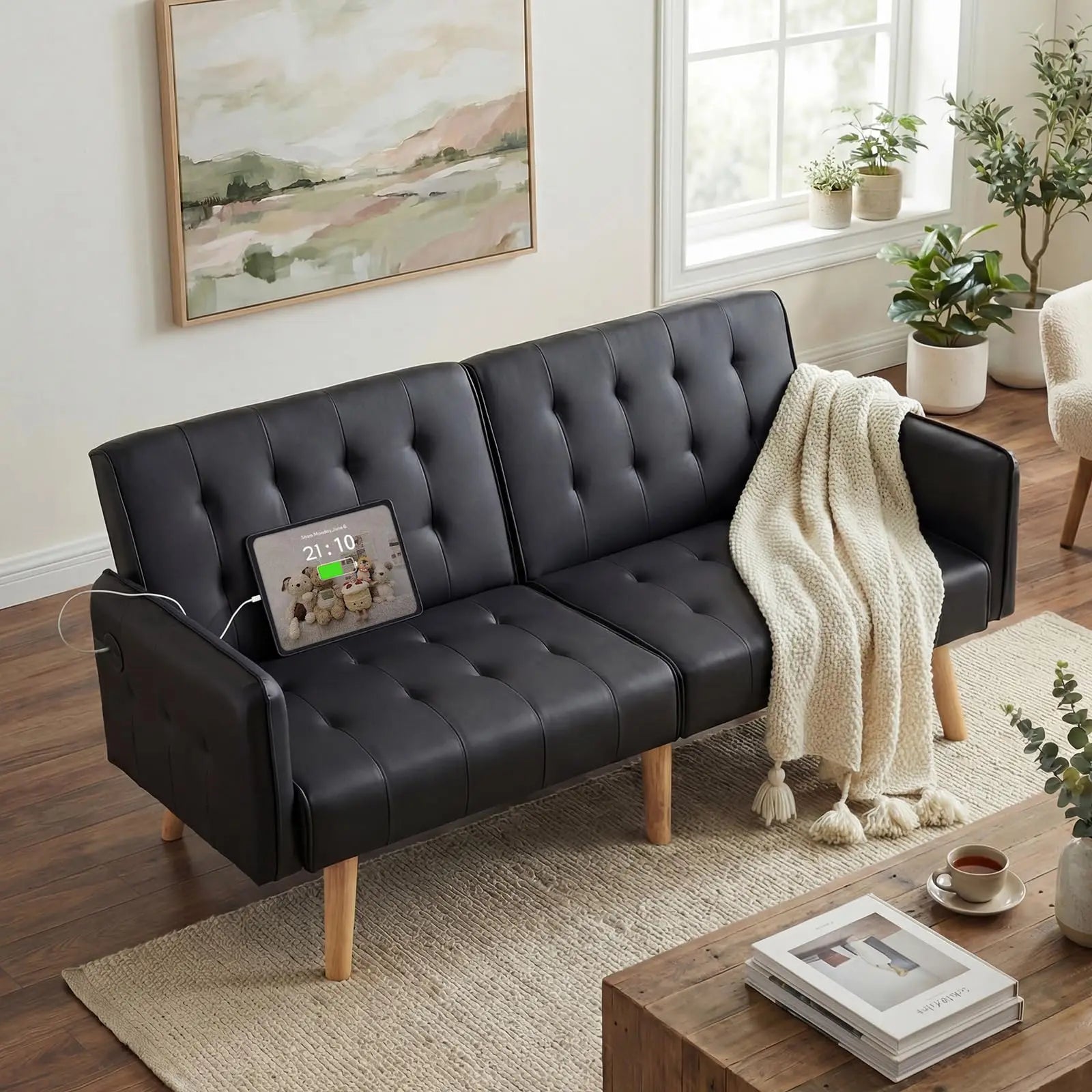 TYBOATLE Brown Faux Leather Futon Sofa Bed Convertible Sleeper Loveseat 2 USB Ports
