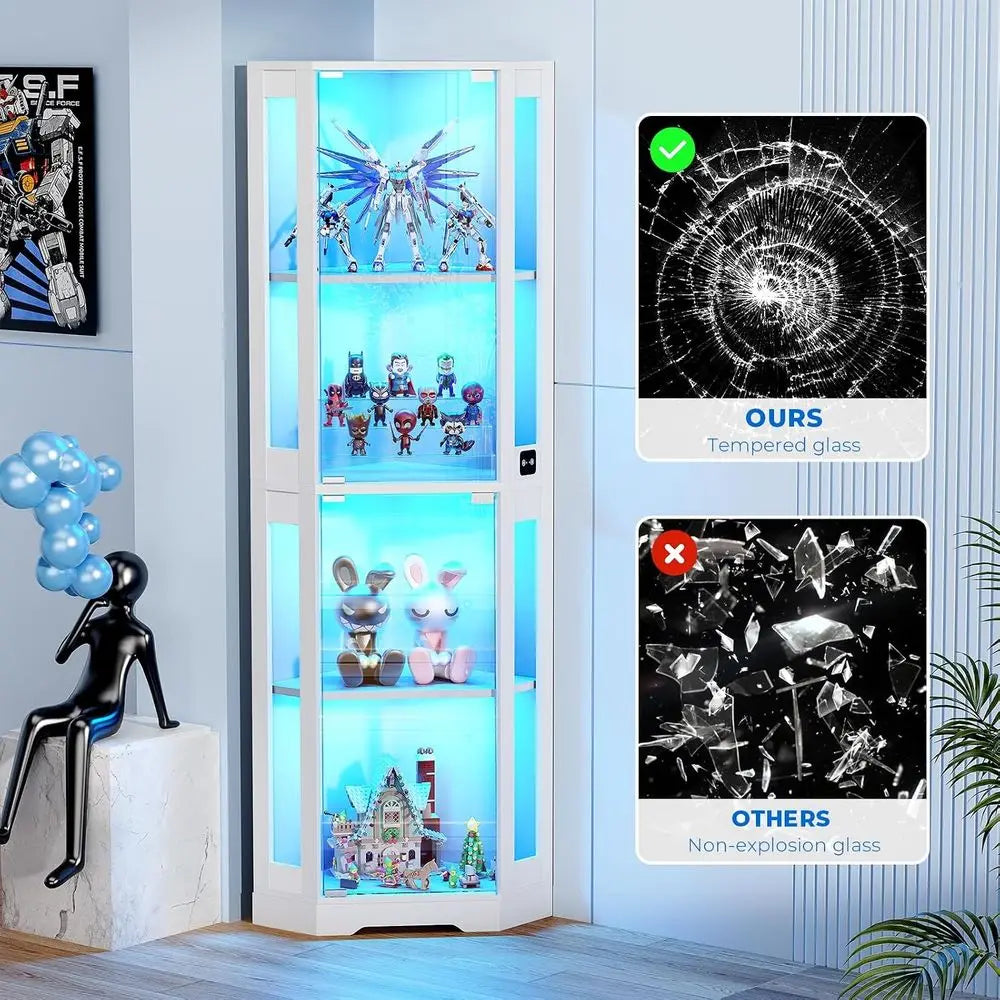65" Glass Curio Cabinet with LED Lights, 4-Tier Showcase with Glass Do& Human Body Sensor