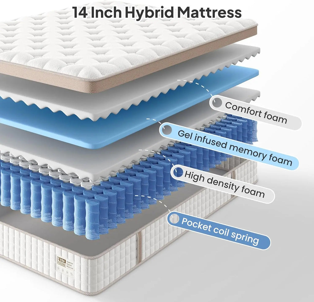 BedStory 14'' Luxury Hybrid Gel Memory Foam Mattress Full, Queen, King with Motion Isolation