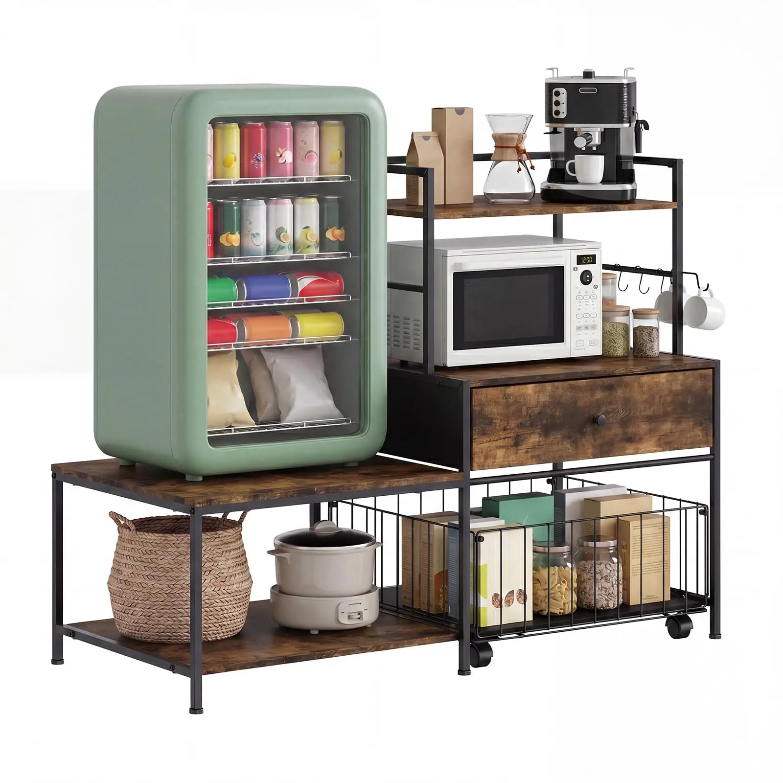 260 lb. L-Shaped Utility Bakers Rack with Mini Fridge Space, 5-Tier Microwave Stand and Coffee Station