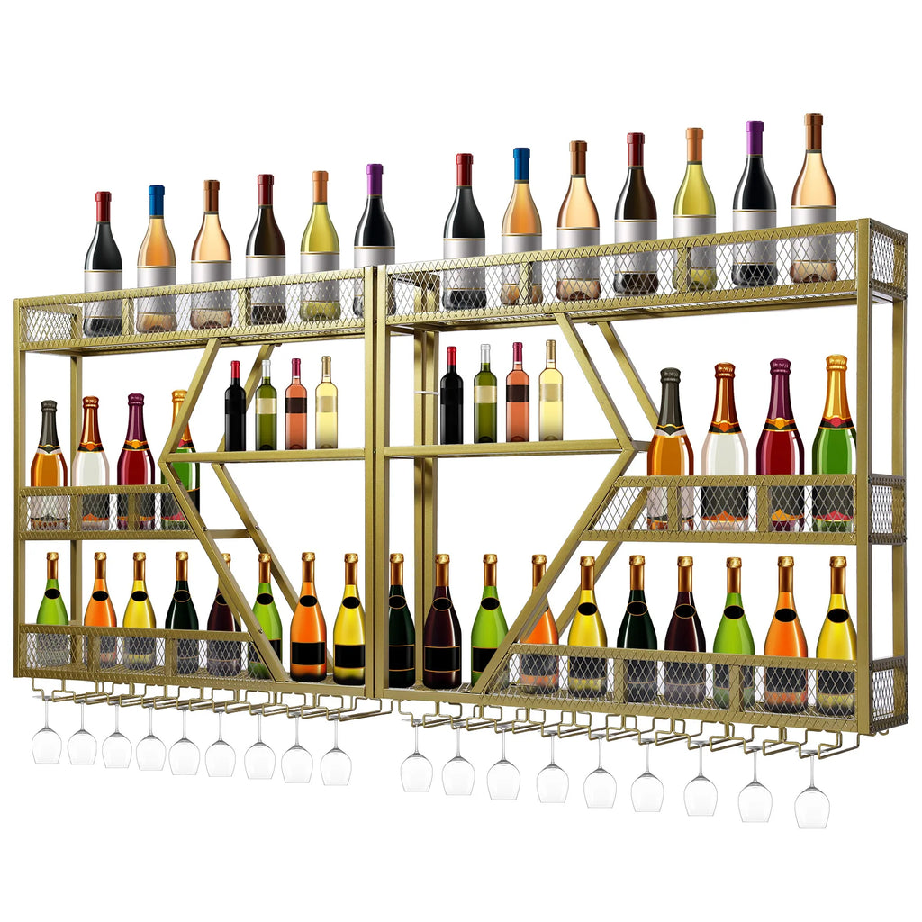 Metal Wine Bottles Display Storage Shelf with Glass Holder