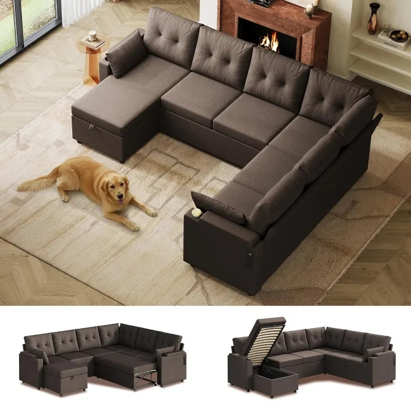 WLIVE 110'' U Shape Sectional 7 Seat Sleeper Sofa with Storage Chaise and Pillows,