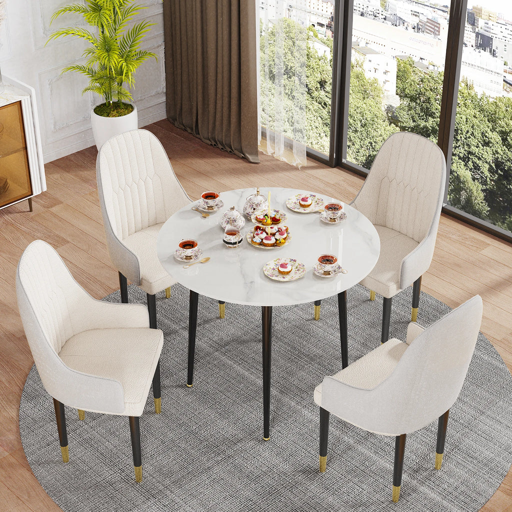 32" Round Sintered Marble/Stone Dining Table with Black Metal Legs for 2-4 People