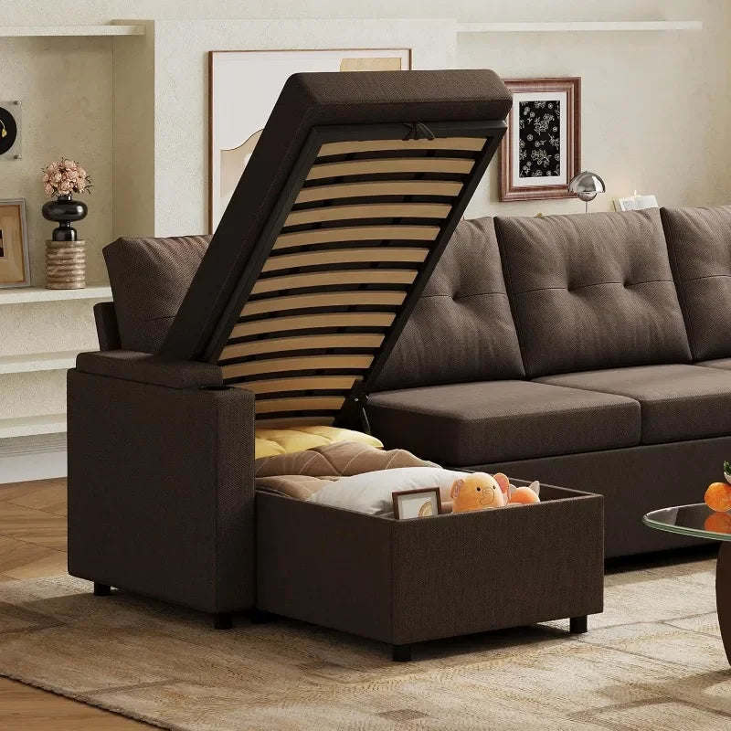 WLIVE 110'' U Shape Sectional 7 Seat Sleeper Sofa with Storage Chaise and Pillows,