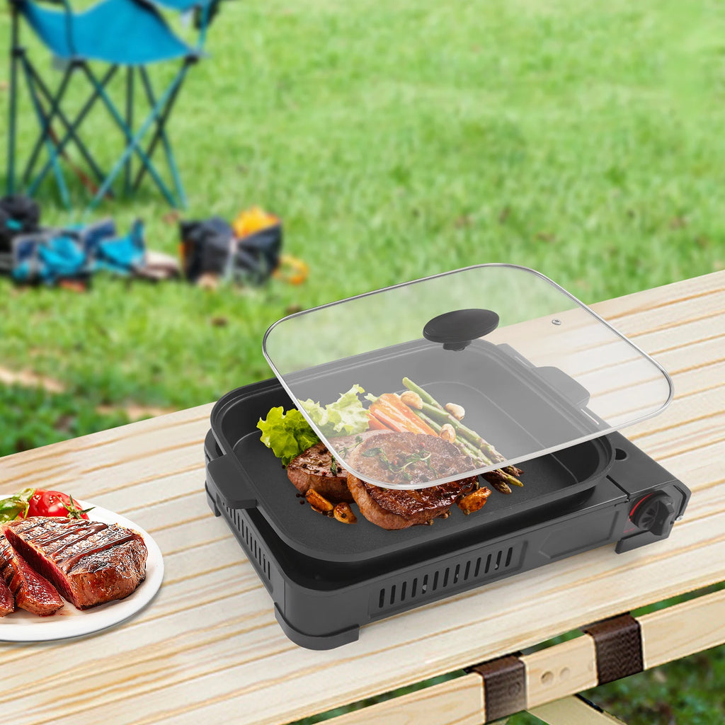 Portable Butane Gas Grill with Non-Stick Tempered Glass Lid for Kitchen