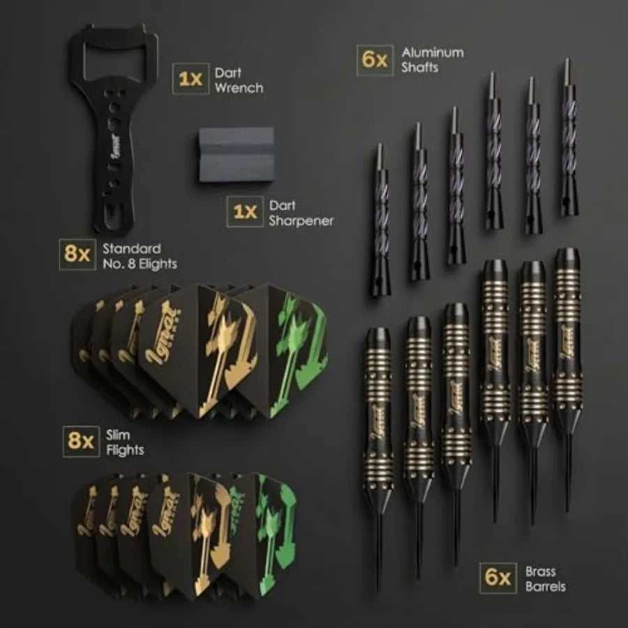 6 Micro-Engineered Brass Barrel Steel Tip Darts with Sharpening Stone for Casual or Seasoned Players