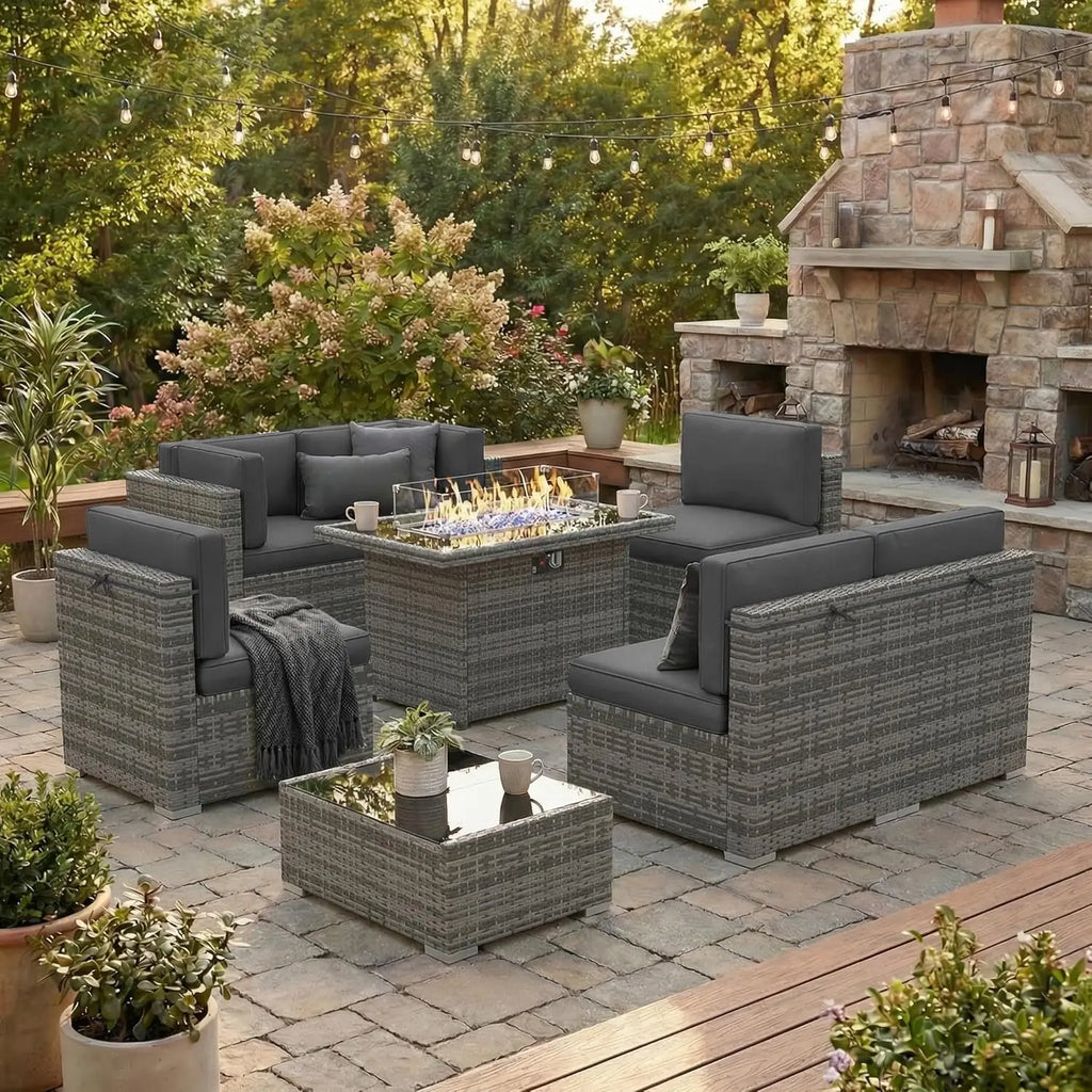 8 Pieces Outdoor Sectional Wicker Patio Furniture Set with 44" Propane Gas Fire Pit Table Customized
