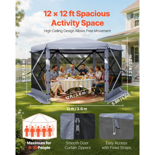 12 x 12 ft Pop Up Gazebo Screen Tent 6-Sided Large Camping Canopy
