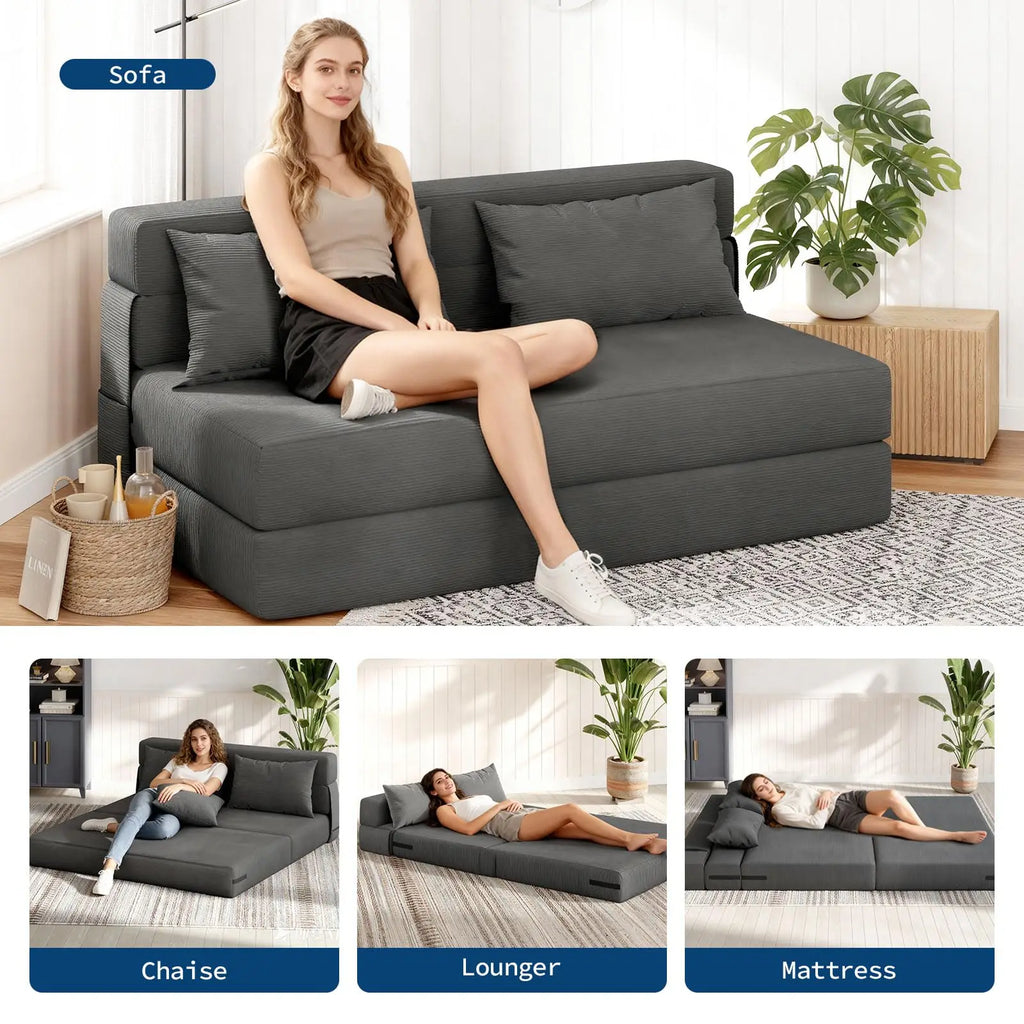 4-in-1 Folding Corduroy Sofa Bed with Pillow