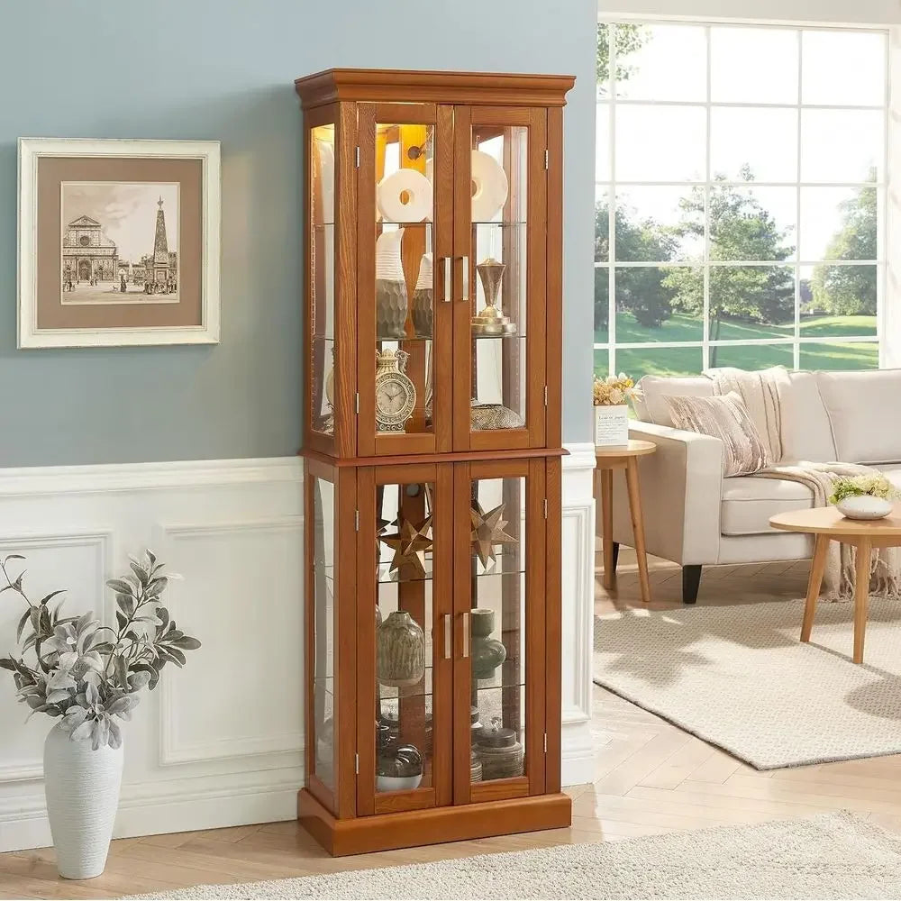 Oak Wooden 6-Shelf Lighted Curio Cabinet with Glass Doors for Living Room Display
