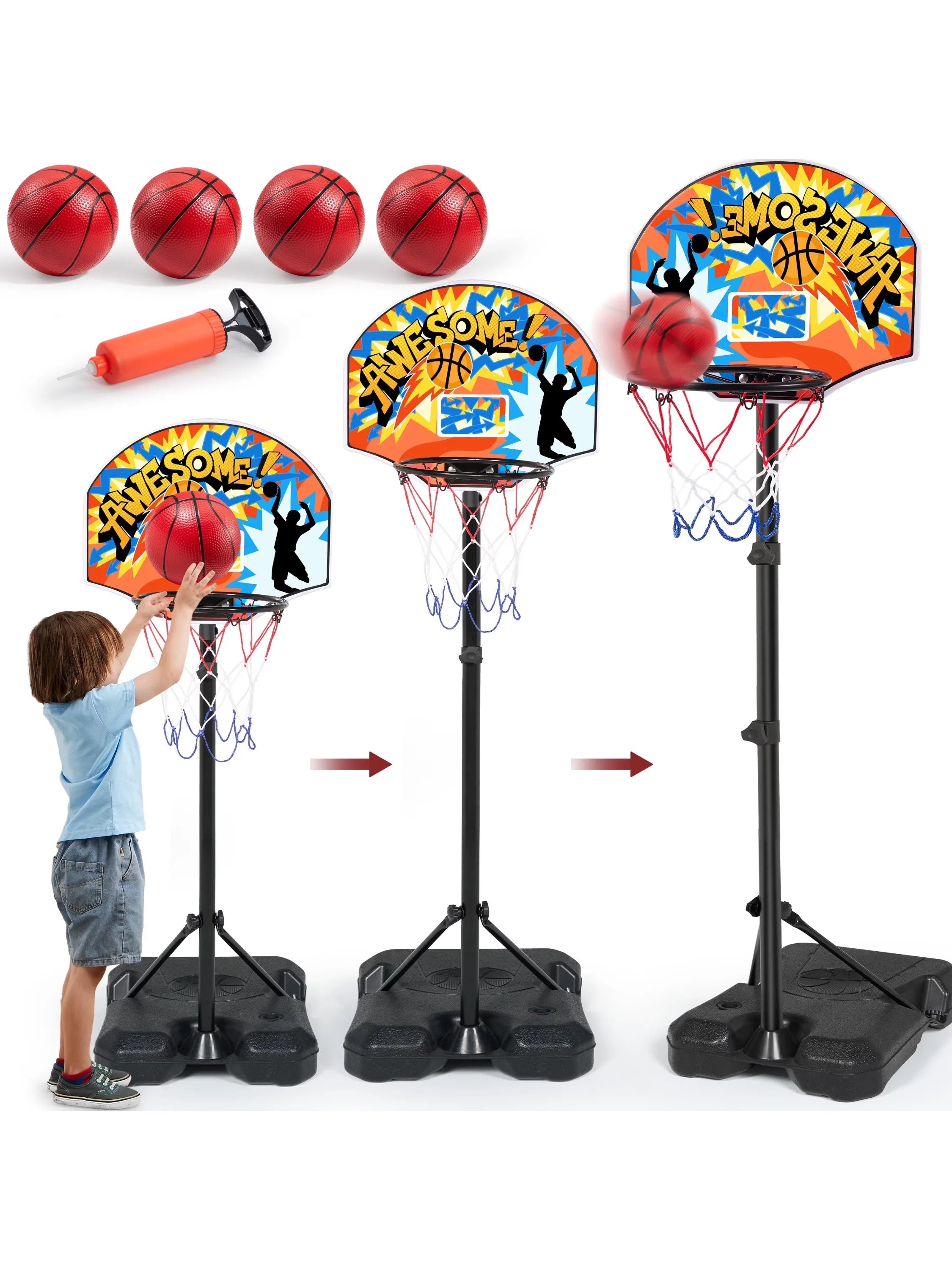 JOYFY 2.8-6.2 ft Adjustable Kids Basketball with 4 Balls for Toddlers, Indoor, and Outdoor