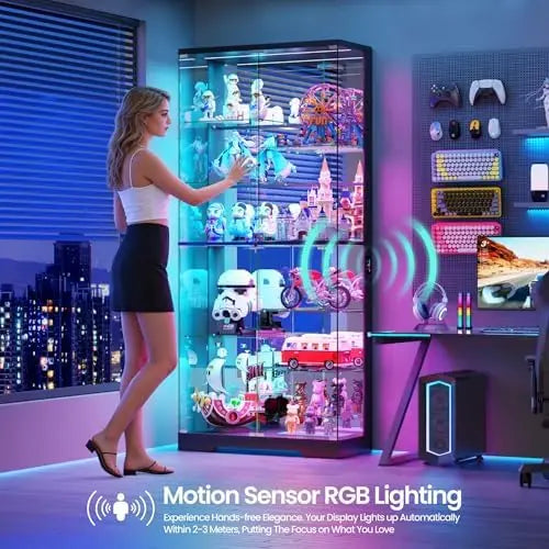 Curio Cabinet with RGB Lights,10-Tier Shelving with Motion Detector
