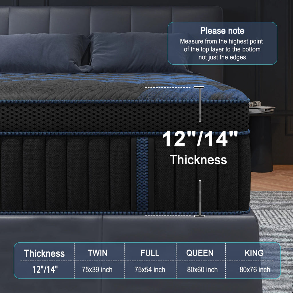 14" Hybrid Memory Foam Gel Mattress in Twin, Full, Queen, and King. Medium Firm with Motion Isolation