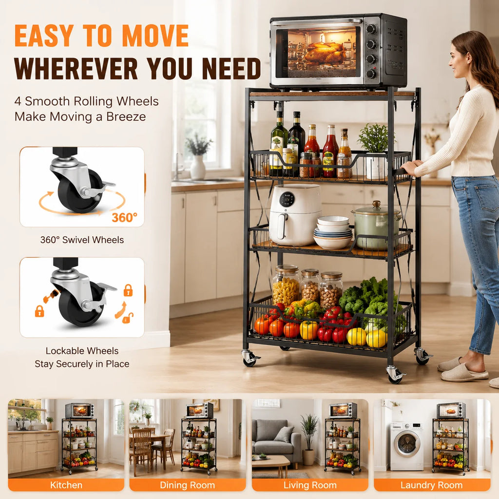 Large 4-Tier Foldable Storage Cart with Lockable Casters, 100 lbs. Capacity Expandable Kitchen Organizer