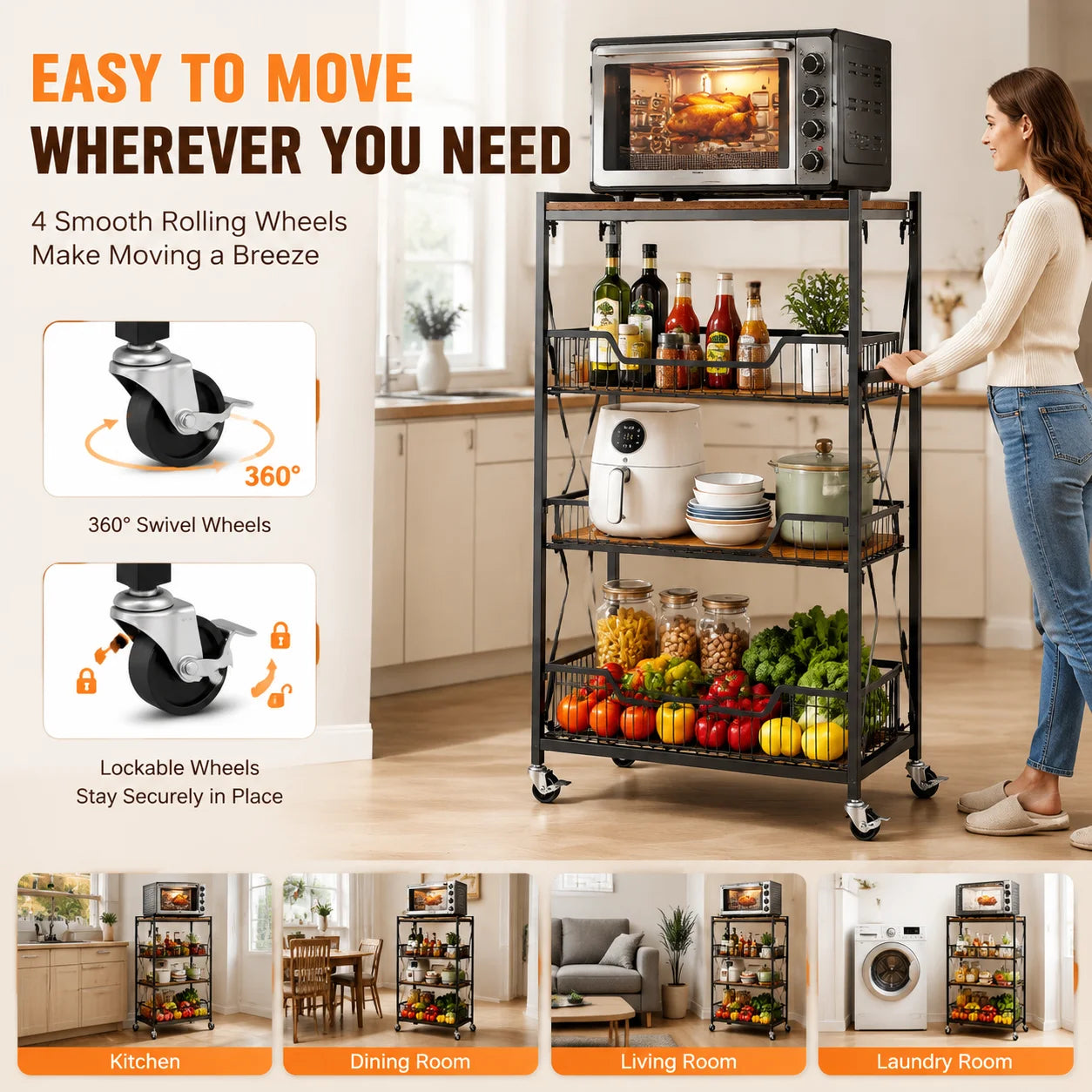 Large 4-Tier Foldable Storage Cart with Lockable Casters, 100 lbs. Capacity Expandable Kitchen Organizer