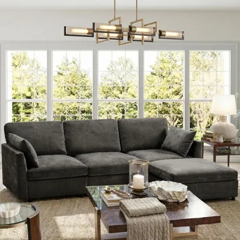 Iroomy  Modern Chenille 4 Setter Sectional, L Shaped Convertible Sofa with Ottoman