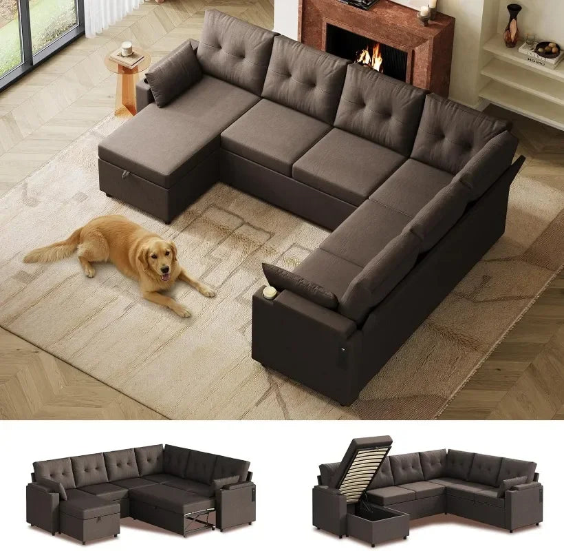 WLIVE 110 U Shaped Sectional 7 Seat Sleeper Sofa with Storage Chaise and Pillows