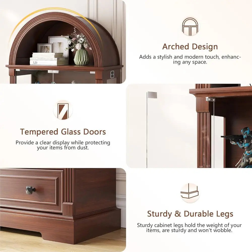 72" Tall Arched Display Cabinet, Human Sensor Lights, 4-Tier Large Shelves