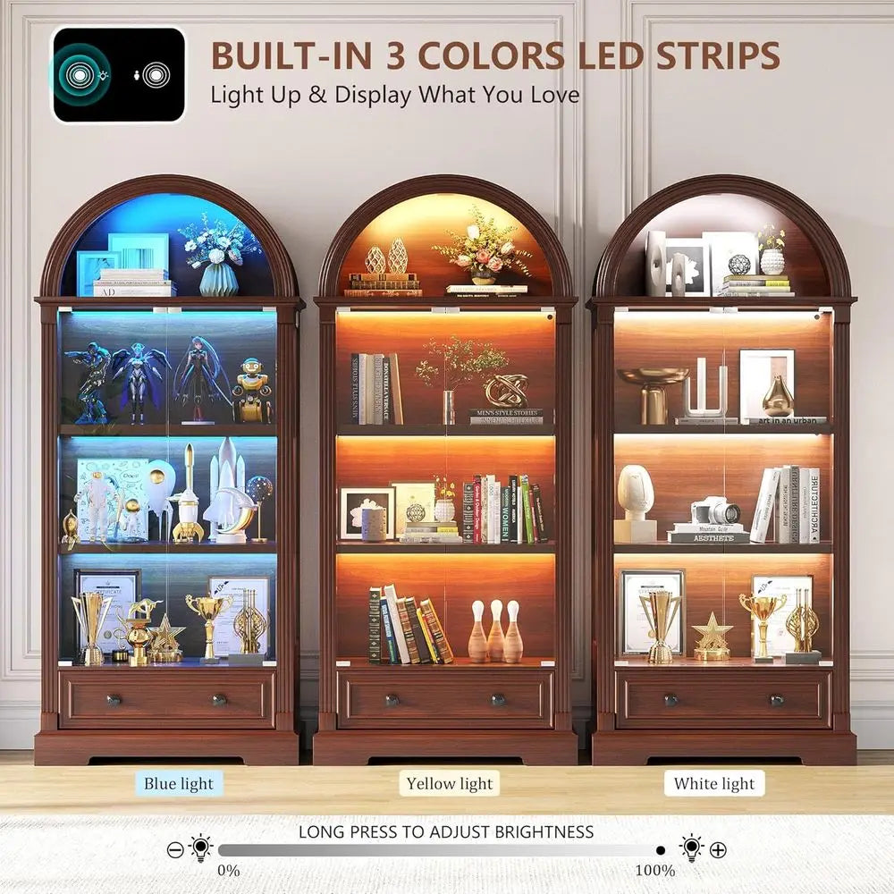 72" Tall Arched Display Cabinet, Human Sensor Lights, 4-Tier Large Shelves